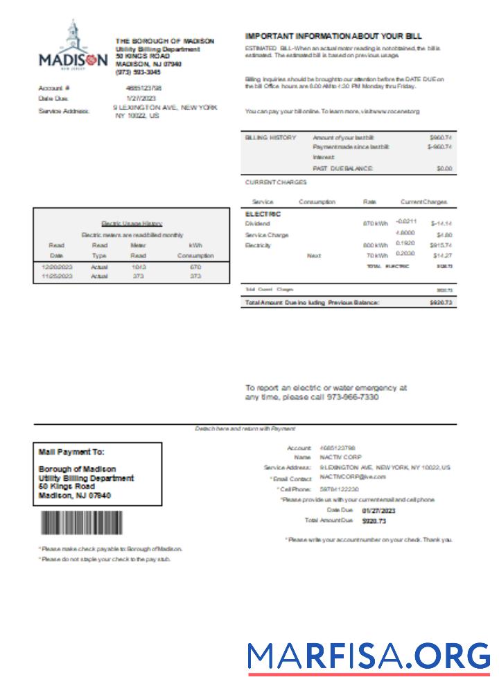 Printable Madison Electric Department utility business bill, SCR download for verification